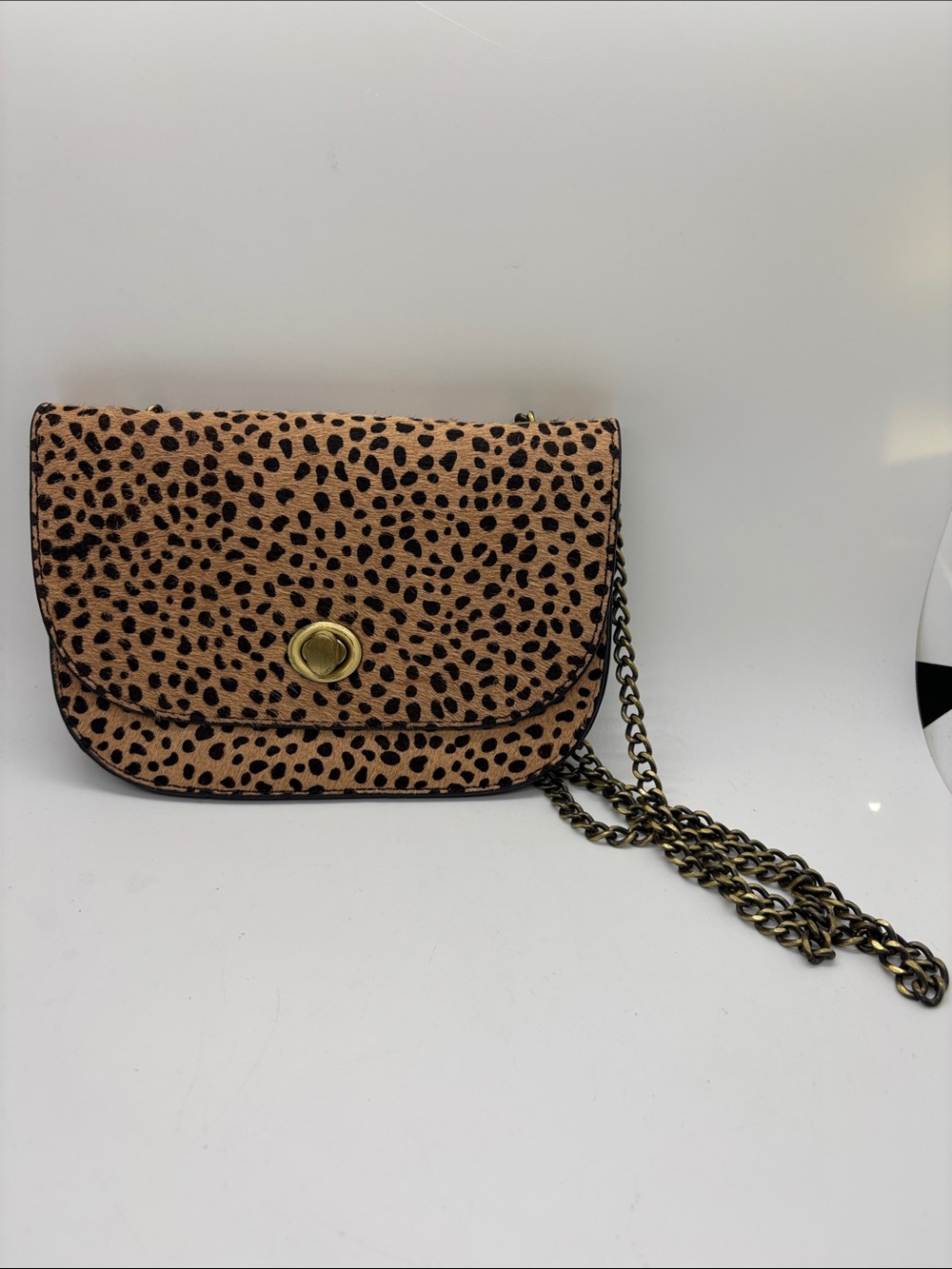 Anthropologie Leopard Calf Hair crossbody Chain Purse Bag.